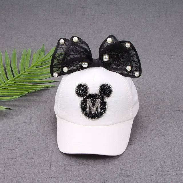 2017 Children Hip Hop Baseball Cap Summer Baby rabbit ear pearl bow kids Sun Hat Boys Girls snapback Caps for 2-8 years old