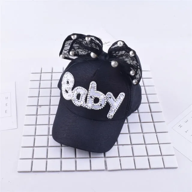 2017 Children Hip Hop Baseball Cap Summer Baby rabbit ear pearl bow kids Sun Hat Boys Girls snapback Caps for 2-8 years old