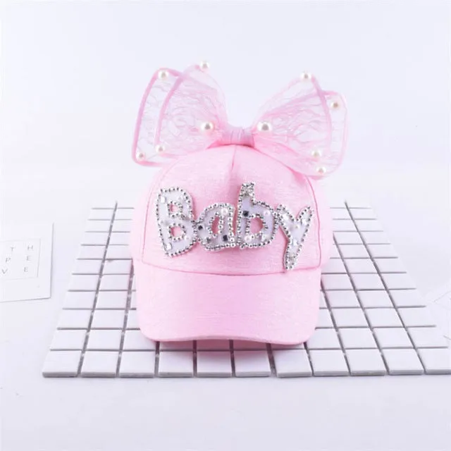 2017 Children Hip Hop Baseball Cap Summer Baby rabbit ear pearl bow kids Sun Hat Boys Girls snapback Caps for 2-8 years old