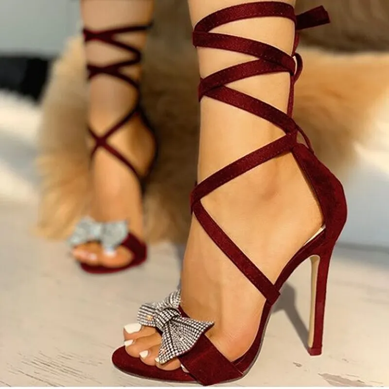 Amozae-Glitter Rhinestones Women Pumps Crystal Bowknot Summer Lady Shoes Open Toe High Heels Party Prom Shoes