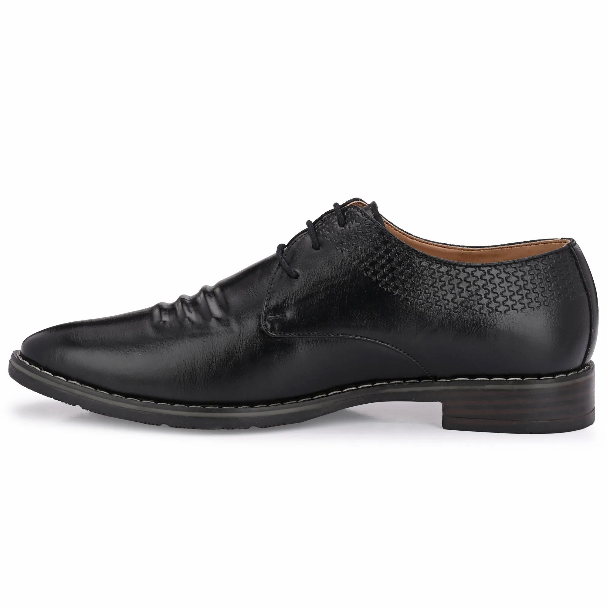 Attitudist Unisex Handcrafted Derby Black Formal Lace-up Shoes With Round Toe And Textured Vamp