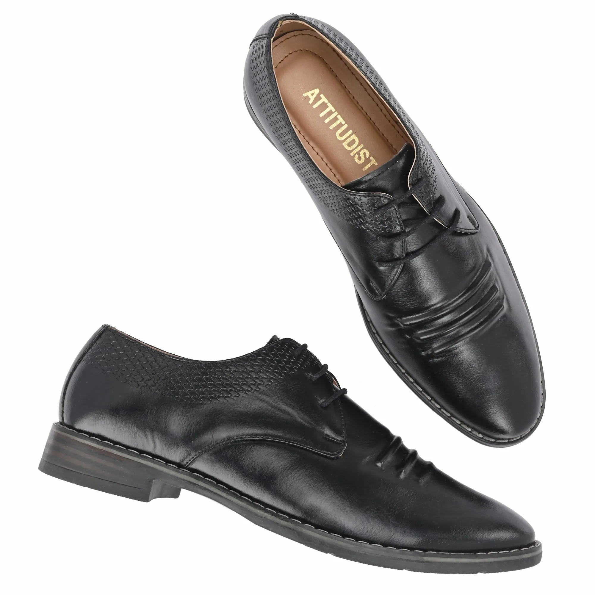 Attitudist Unisex Handcrafted Derby Black Formal Lace-up Shoes With Round Toe And Textured Vamp