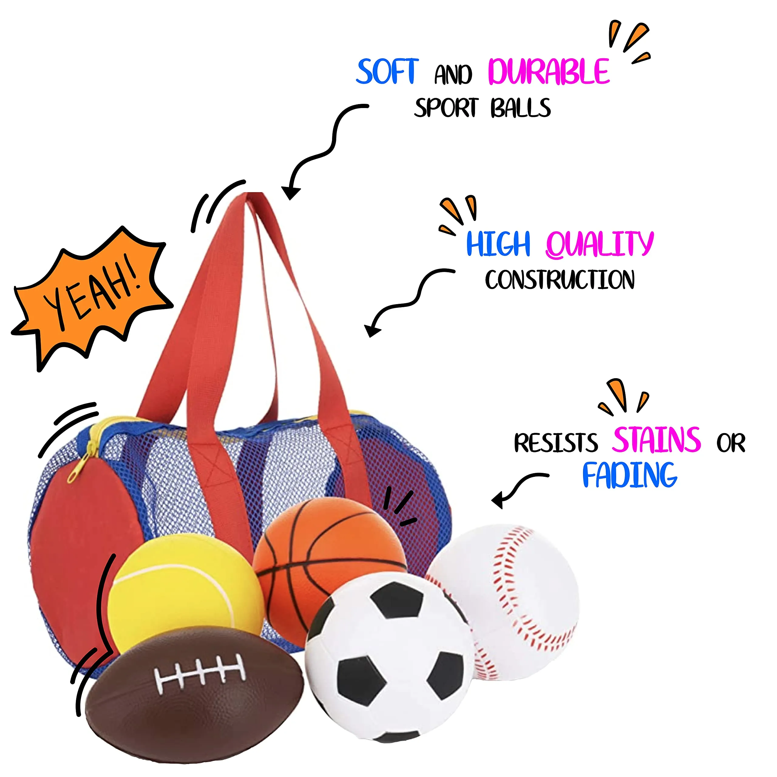 Balls For Kids, Toddler Sports Toys - Set Of 5 Foam Sports Balls   Free Bag - Perfect