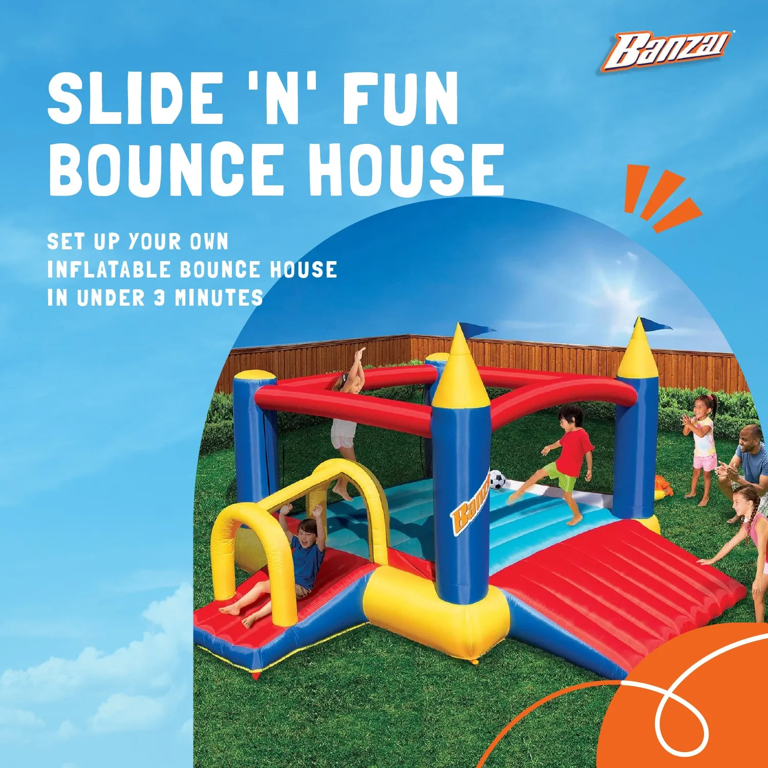 Banzai Slide N Fun Inflatable Slide and Bounce House with Soccer Net and Ball