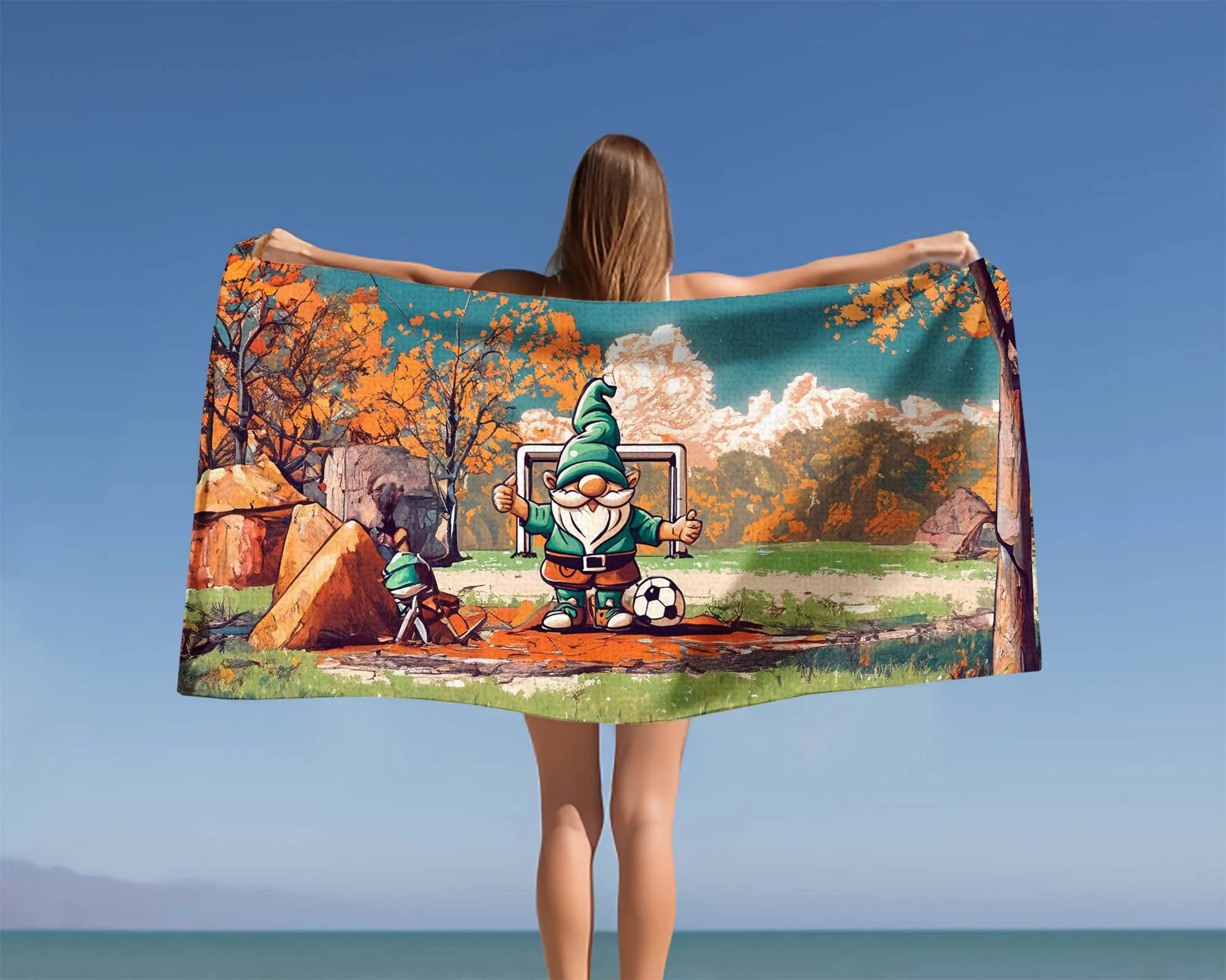 Beach Towel, Retro Gnome Playing Soccer, Polycotton Towel