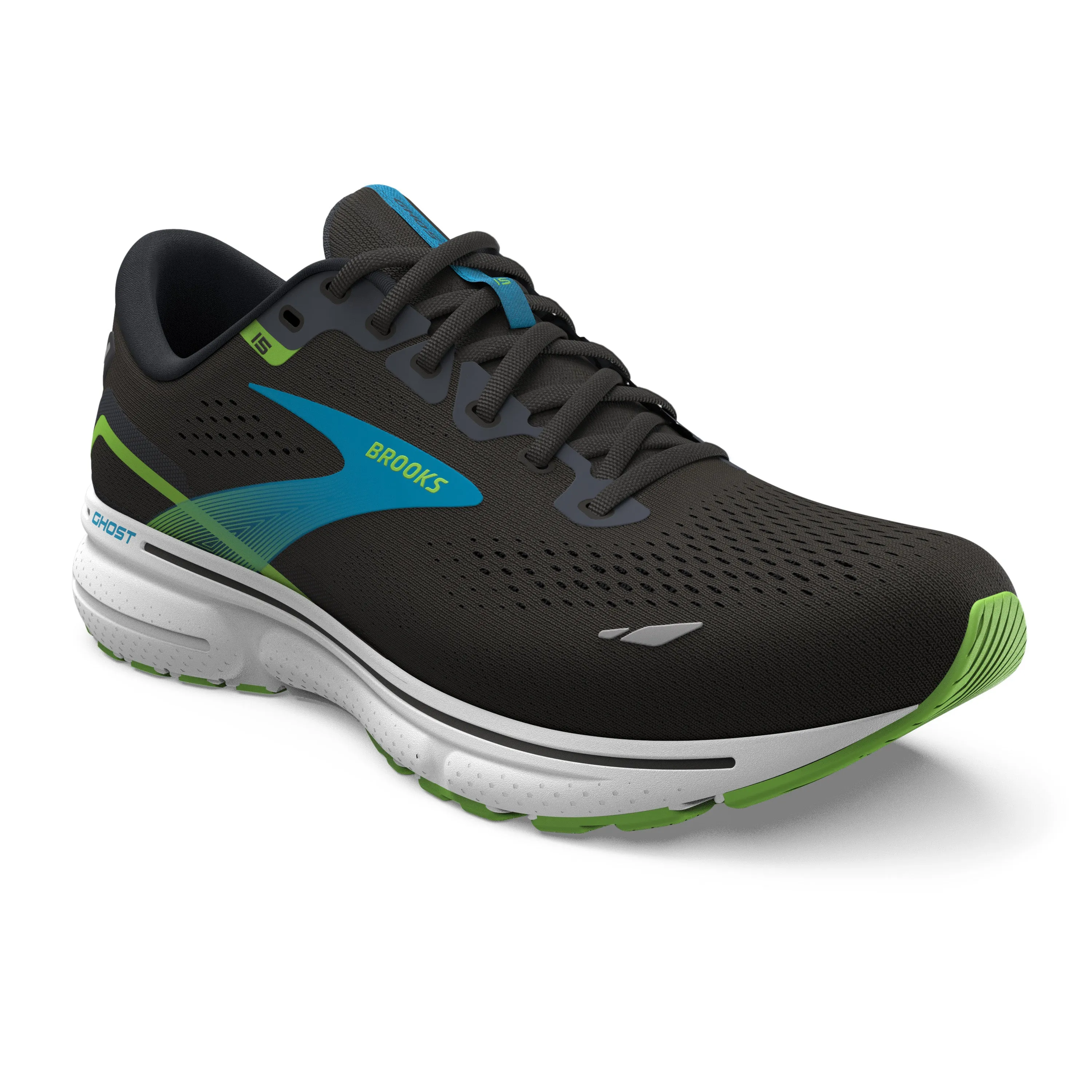 Brooks Mens Trainer Ghost 15 Black/Hawaiian Ocean/Green