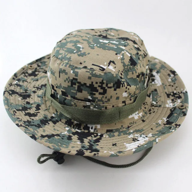 Camouflage Bucket Hats Wide Brim Sun Cap Ripstop Camo Fishing Hunting Hiking Men Safari Summer Jungle with String Boonie Hat