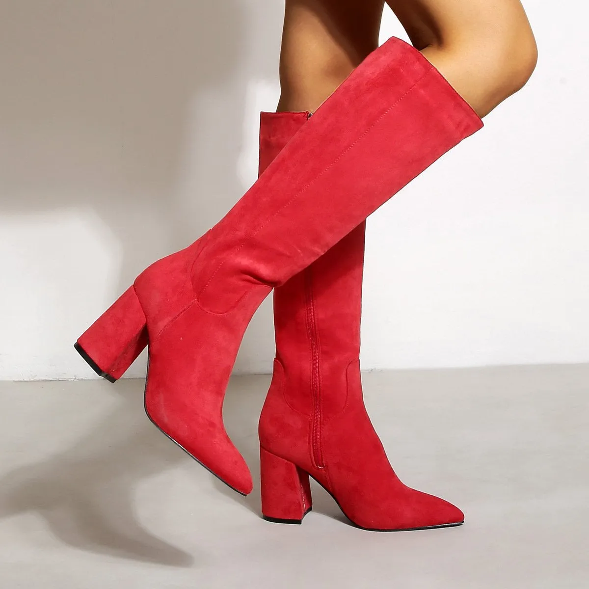 Chunky Heels Pointed Toes High Suede Boots