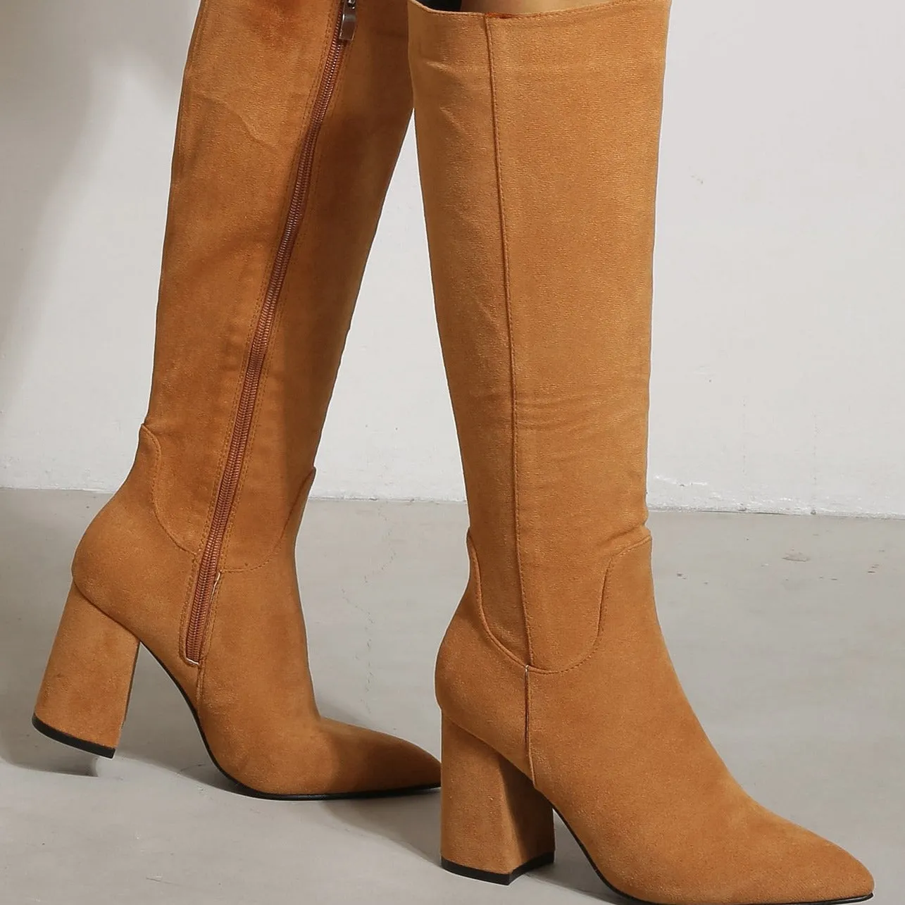 Chunky Heels Pointed Toes High Suede Boots