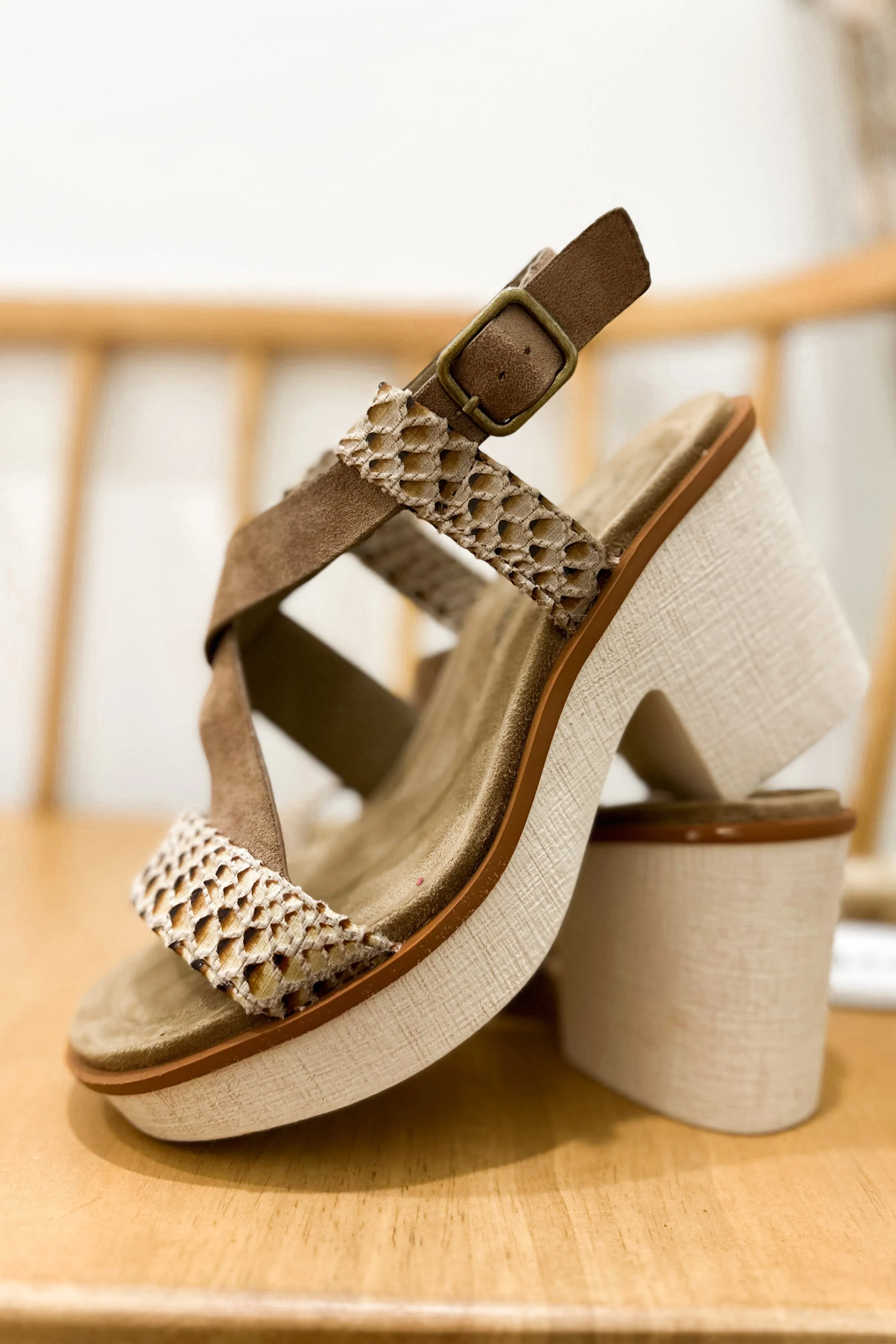 Clue Taupe Adjustable Sling Back Wedge Platform Sandal with Buckle Closure *FINAL SALE*