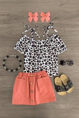 Coral Leopard Pocket Skirt Set