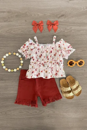 Cream & Burgundy Floral Denim Short Set