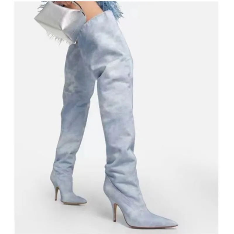 Denim Pointed Toe Thin High Heel Thigh-High Boots