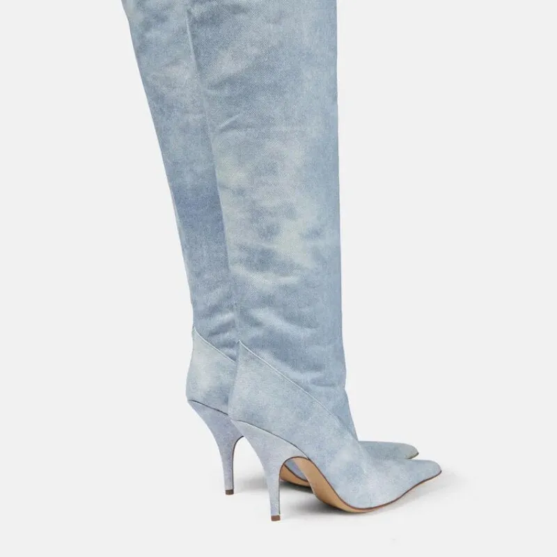 Denim Pointed Toe Thin High Heel Thigh-High Boots