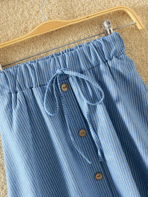 Elastic Waist Button-Down A-Line Denim Skirts – Perfect for Casual Outings