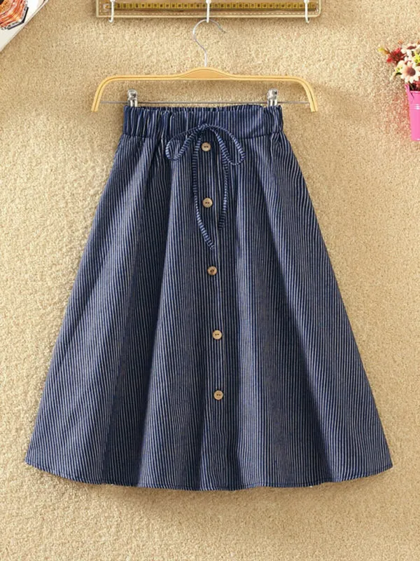 Elastic Waist Button-Down A-Line Denim Skirts – Perfect for Casual Outings