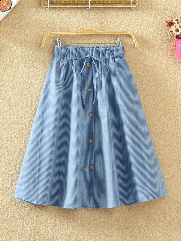 Elastic Waist Button-Down A-Line Denim Skirts – Perfect for Casual Outings