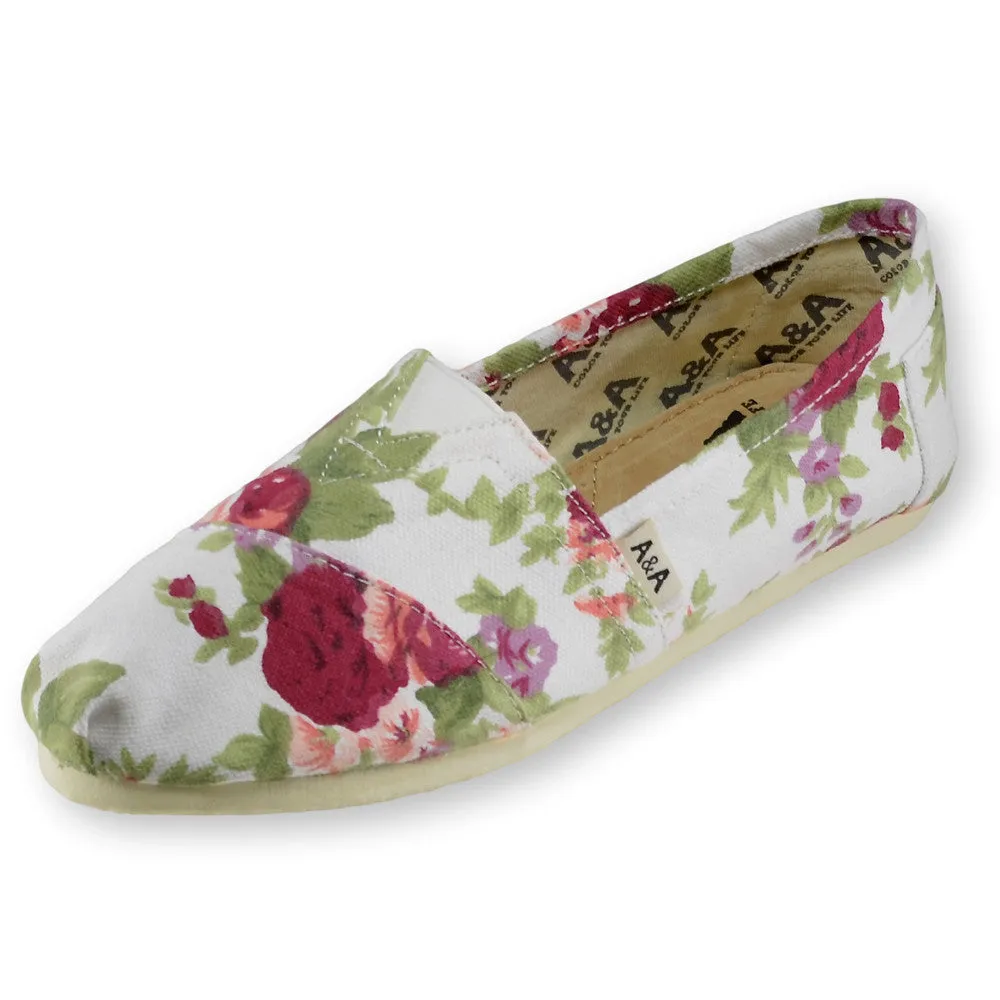 Floral White Canvas Slip On Shoes for Women