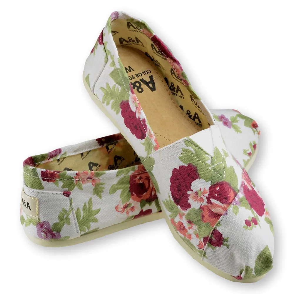 Floral White Canvas Slip On Shoes for Women