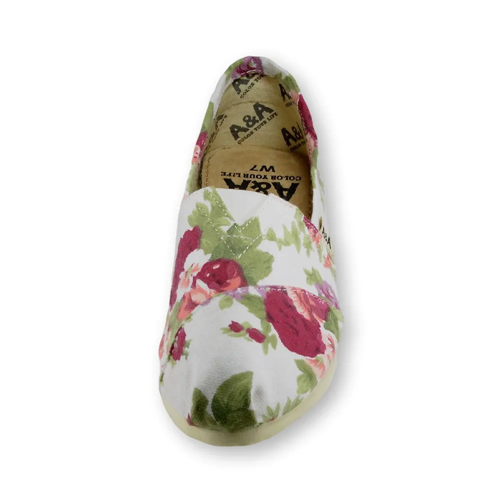 Floral White Canvas Slip On Shoes for Women