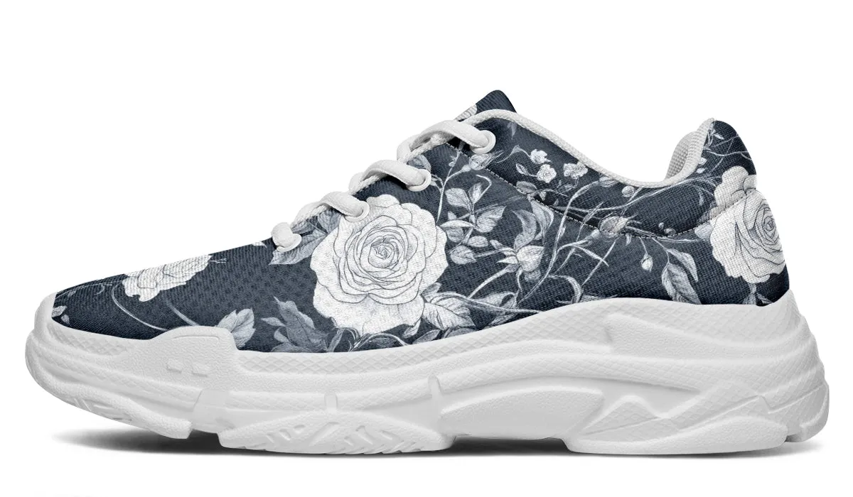 Grey Rose Romance Chunky Sneakers - Light Breathable and Comfortable Sports Shoes with Platform Soles