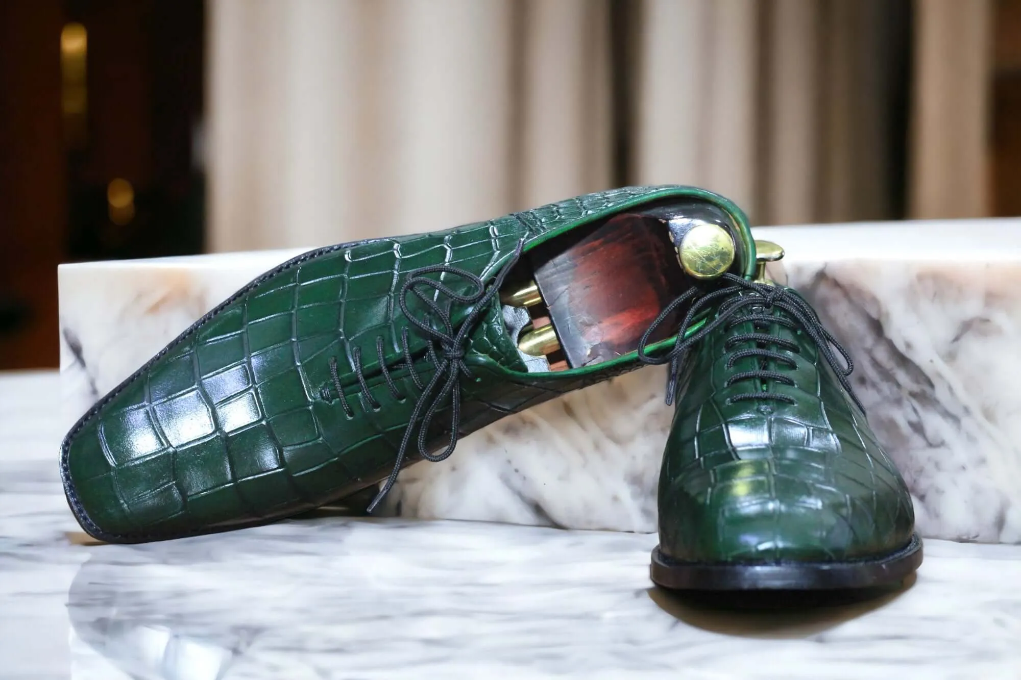 Handmade Green Alligator Texture Lace Up Shoes, Dress Shoes, Men's Shoes