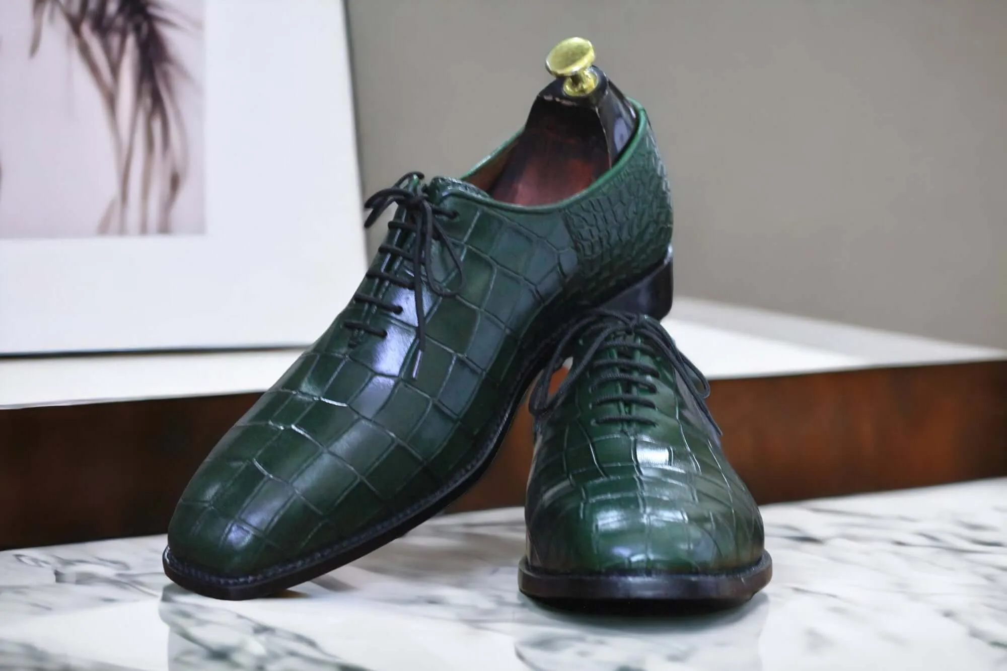 Handmade Green Alligator Texture Lace Up Shoes, Dress Shoes, Men's Shoes