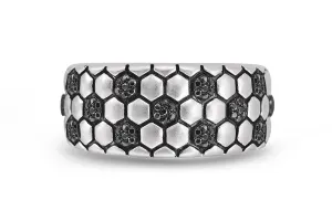 Kick & Goal Soccer Black Rhodium Plated Sterling Silver Black Diamond Band Ring