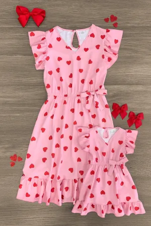 Mom & Me - Pink Heart Ruffle Dress