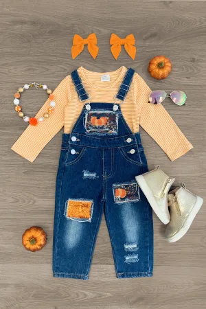 Mustard Stripe Fall Pumpkins Distressed Denim Overall Set