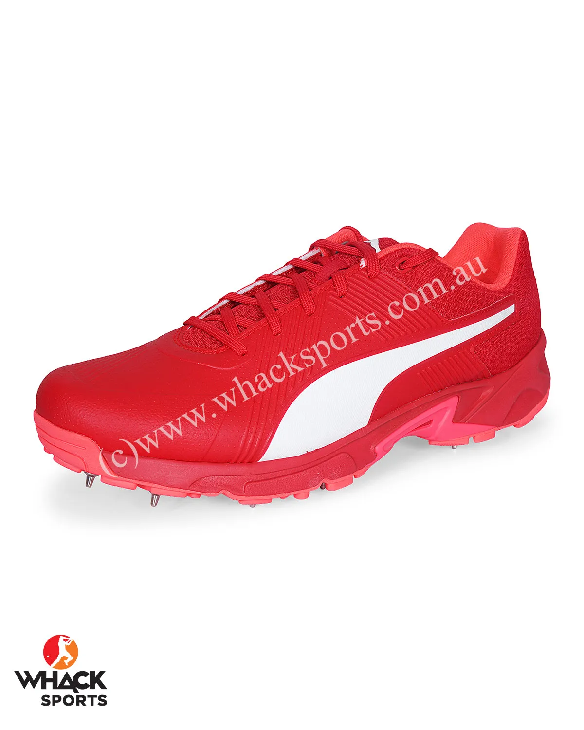 Puma 19.2 Cricket Shoes - Steel Spikes - Urban Red Sunblaze White