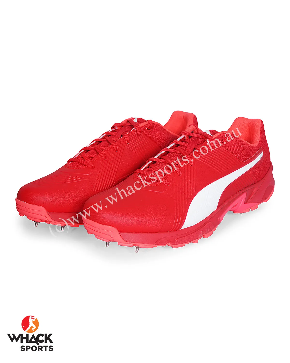 Puma 19.2 Cricket Shoes - Steel Spikes - Urban Red Sunblaze White