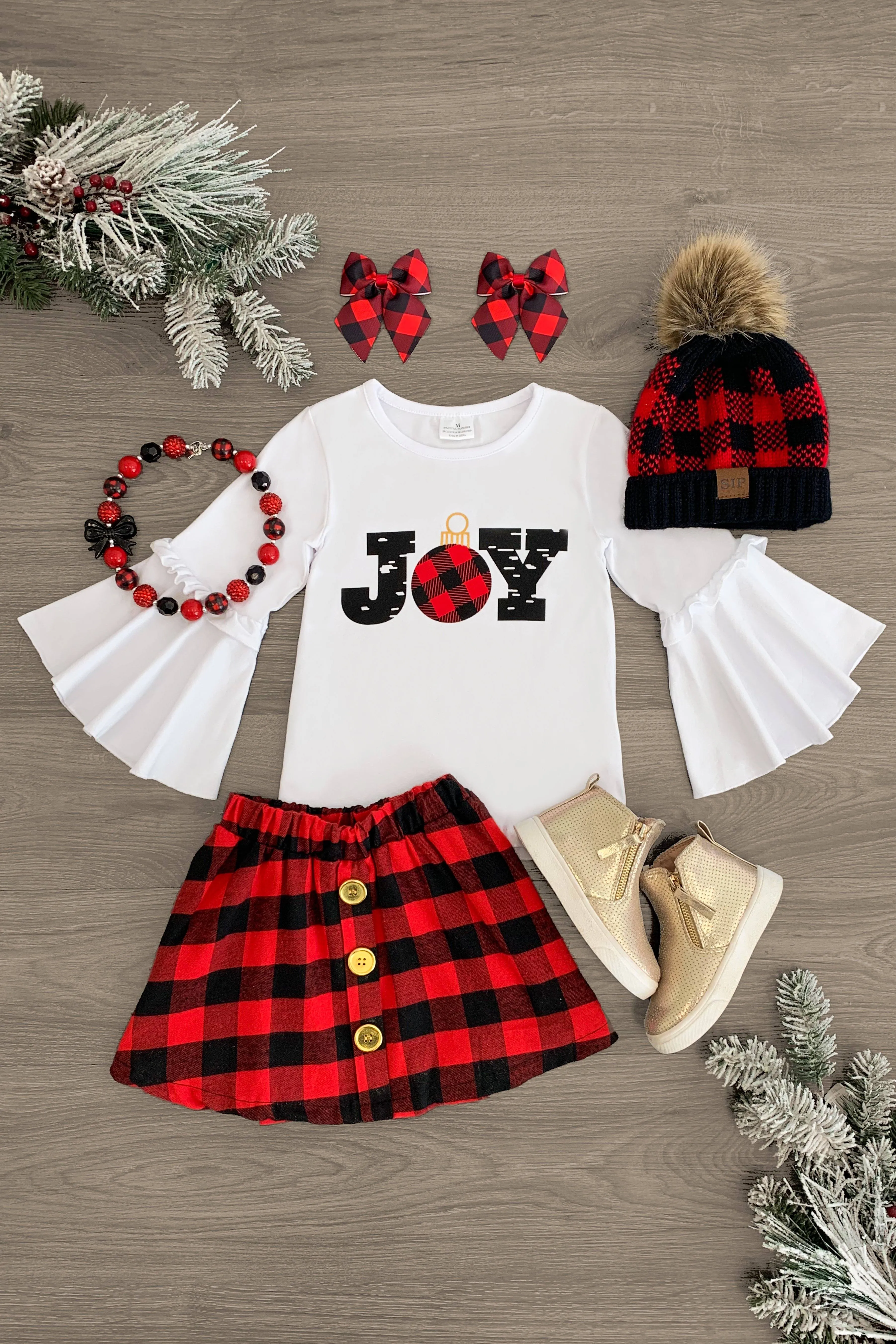 "Joy" White & Plaid Holiday Skirt Set