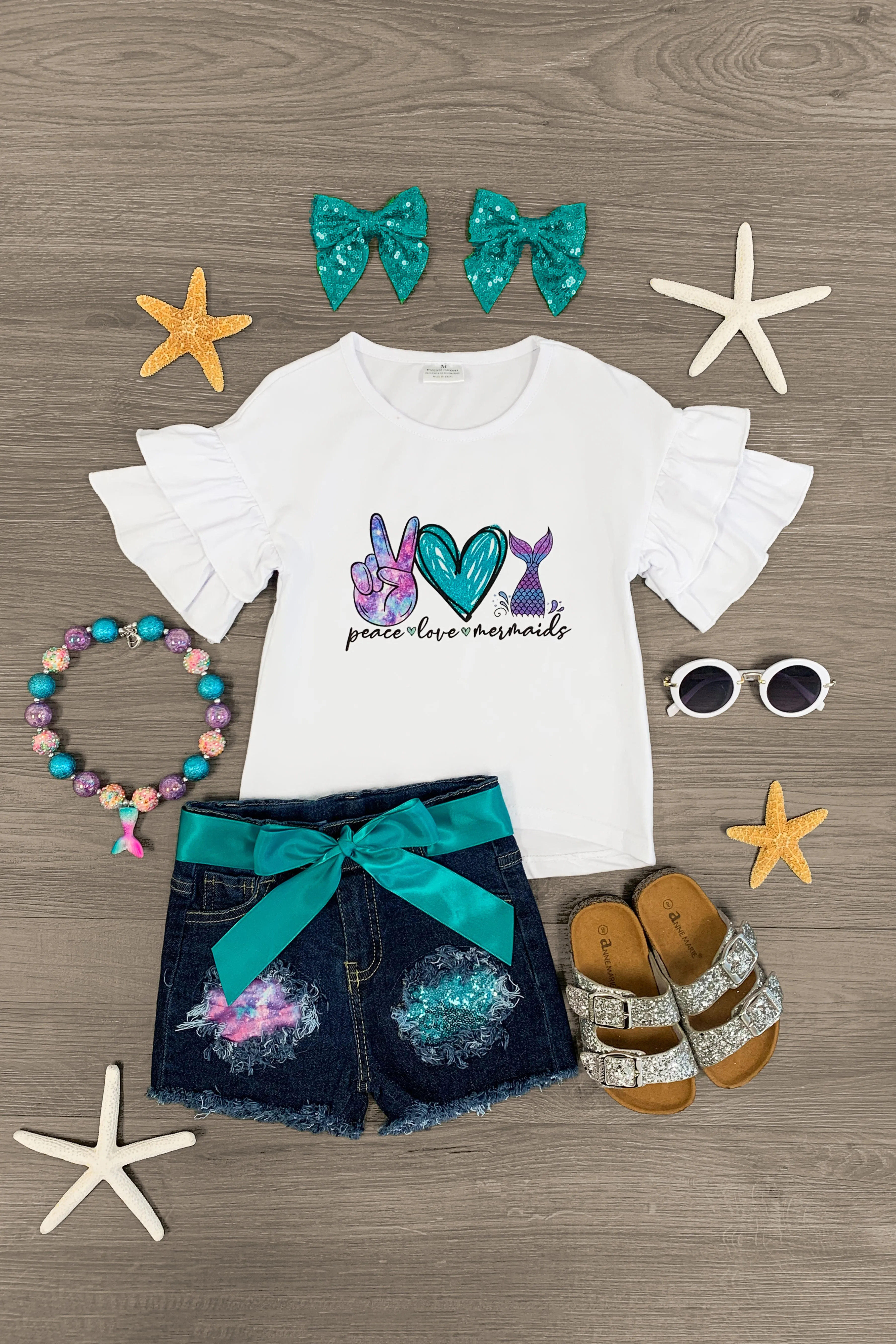 "Peace Love Mermaids" Distressed Denim Short Set