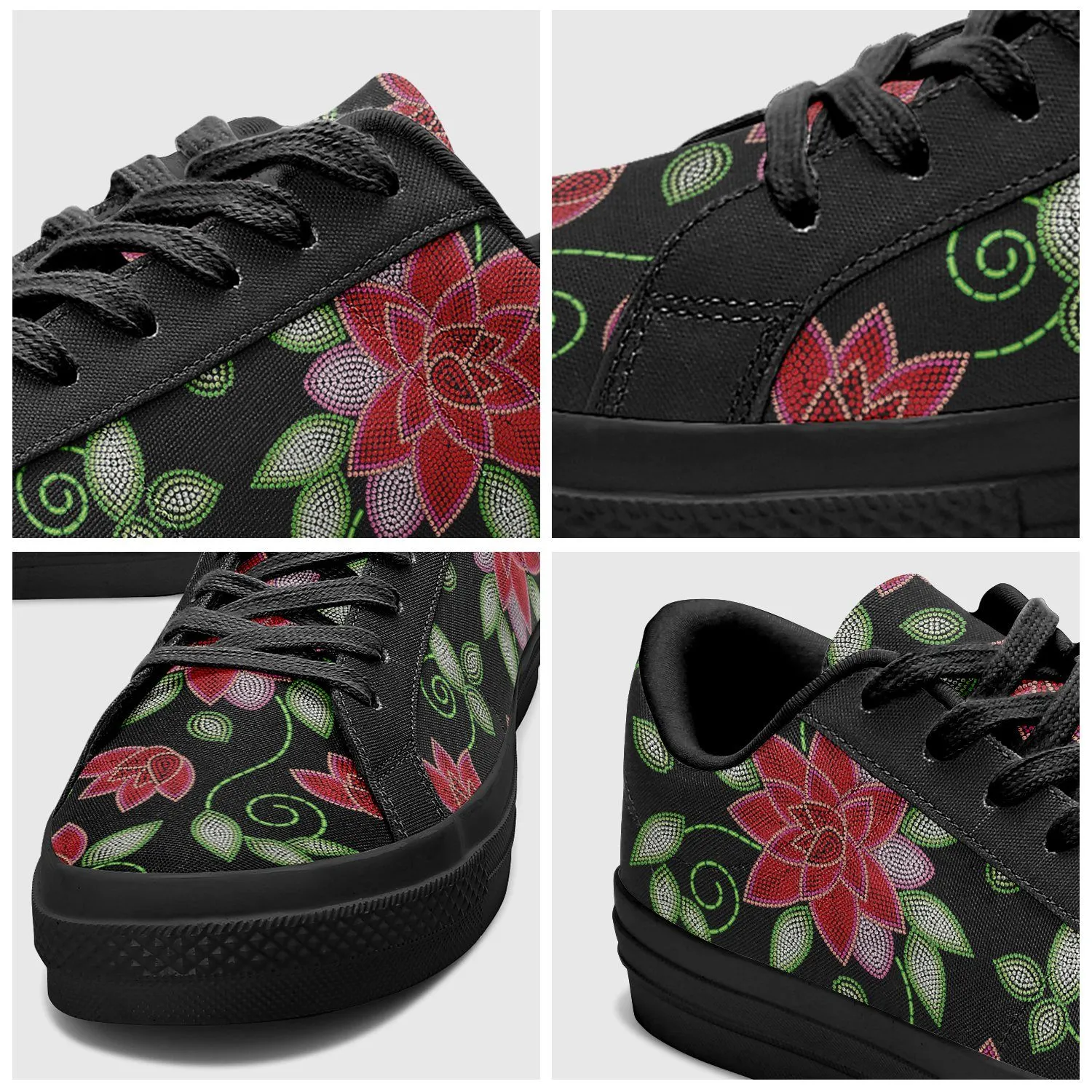 Red Beaded Rose Aapisi Low Top Canvas Shoes Black Sole