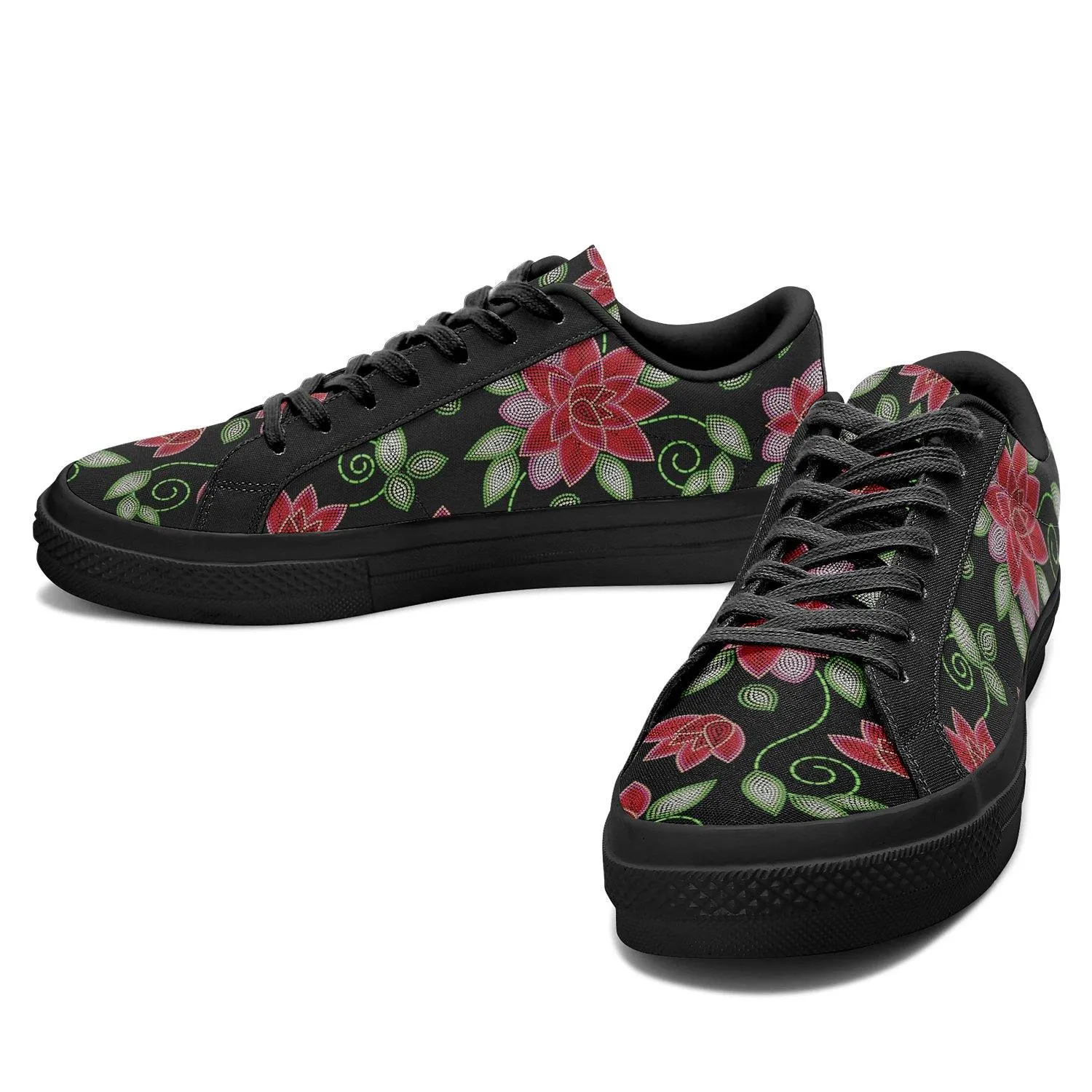 Red Beaded Rose Aapisi Low Top Canvas Shoes Black Sole