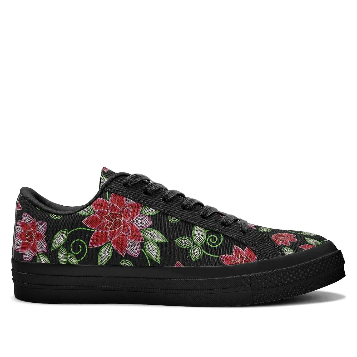 Red Beaded Rose Aapisi Low Top Canvas Shoes Black Sole