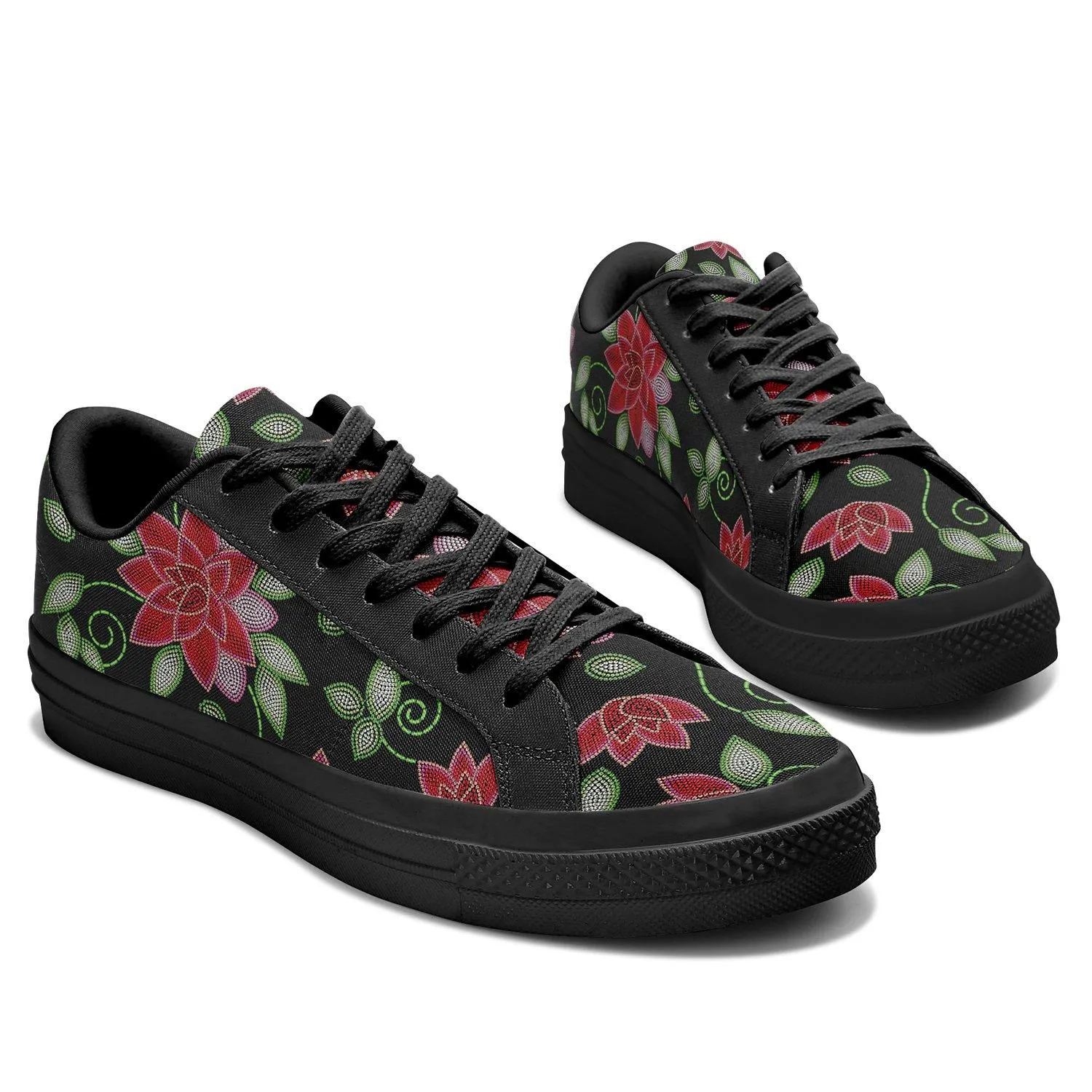 Red Beaded Rose Aapisi Low Top Canvas Shoes Black Sole