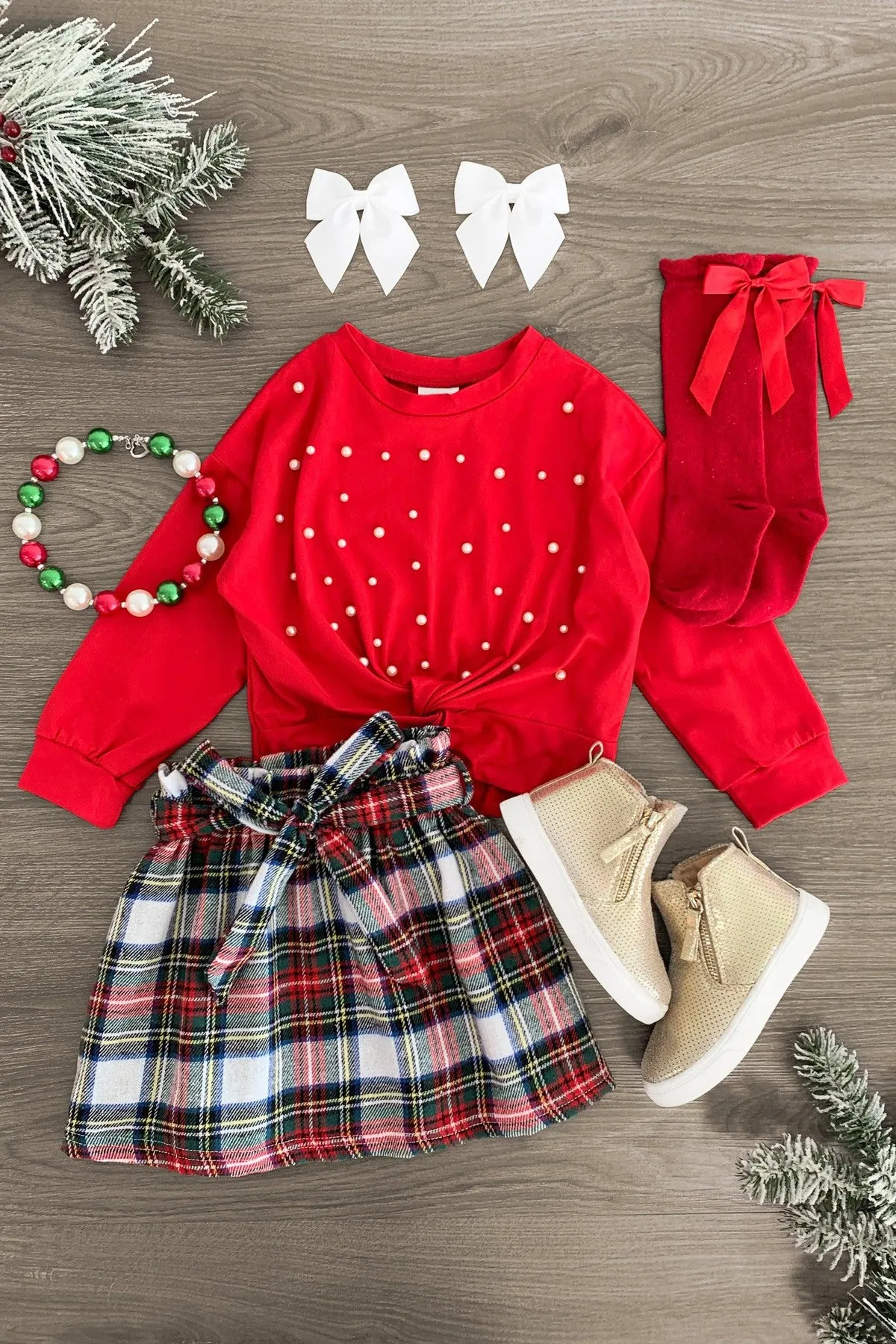 Red Pearl Plaid Skirt Set