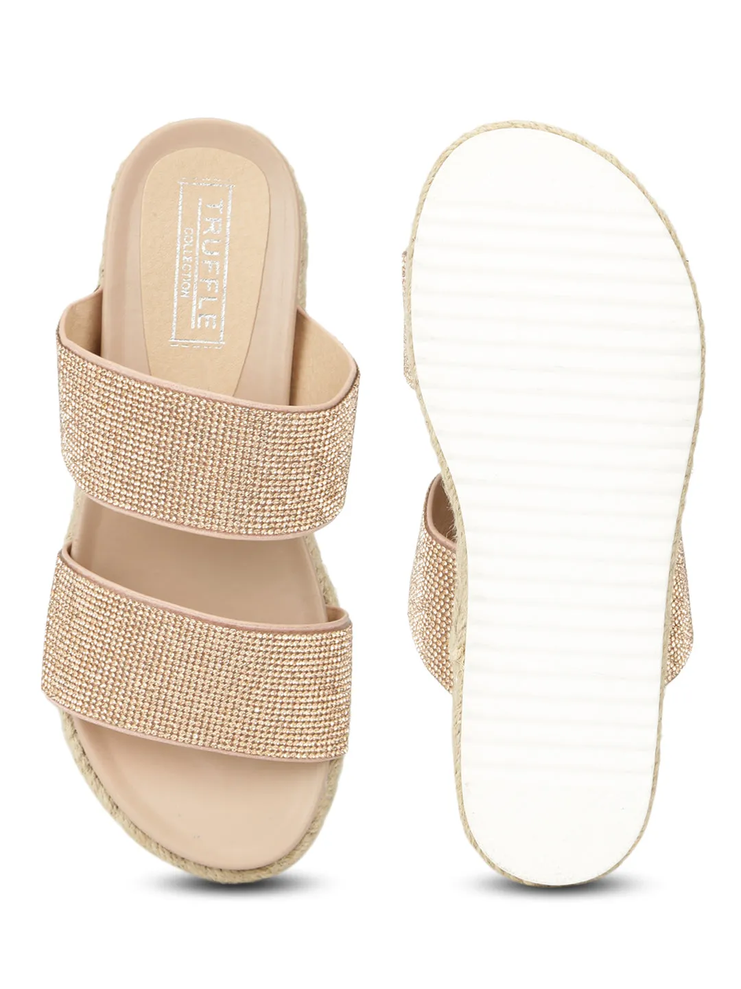 Rose Gold Diamond Wide Double Strap Slip-on Wedges