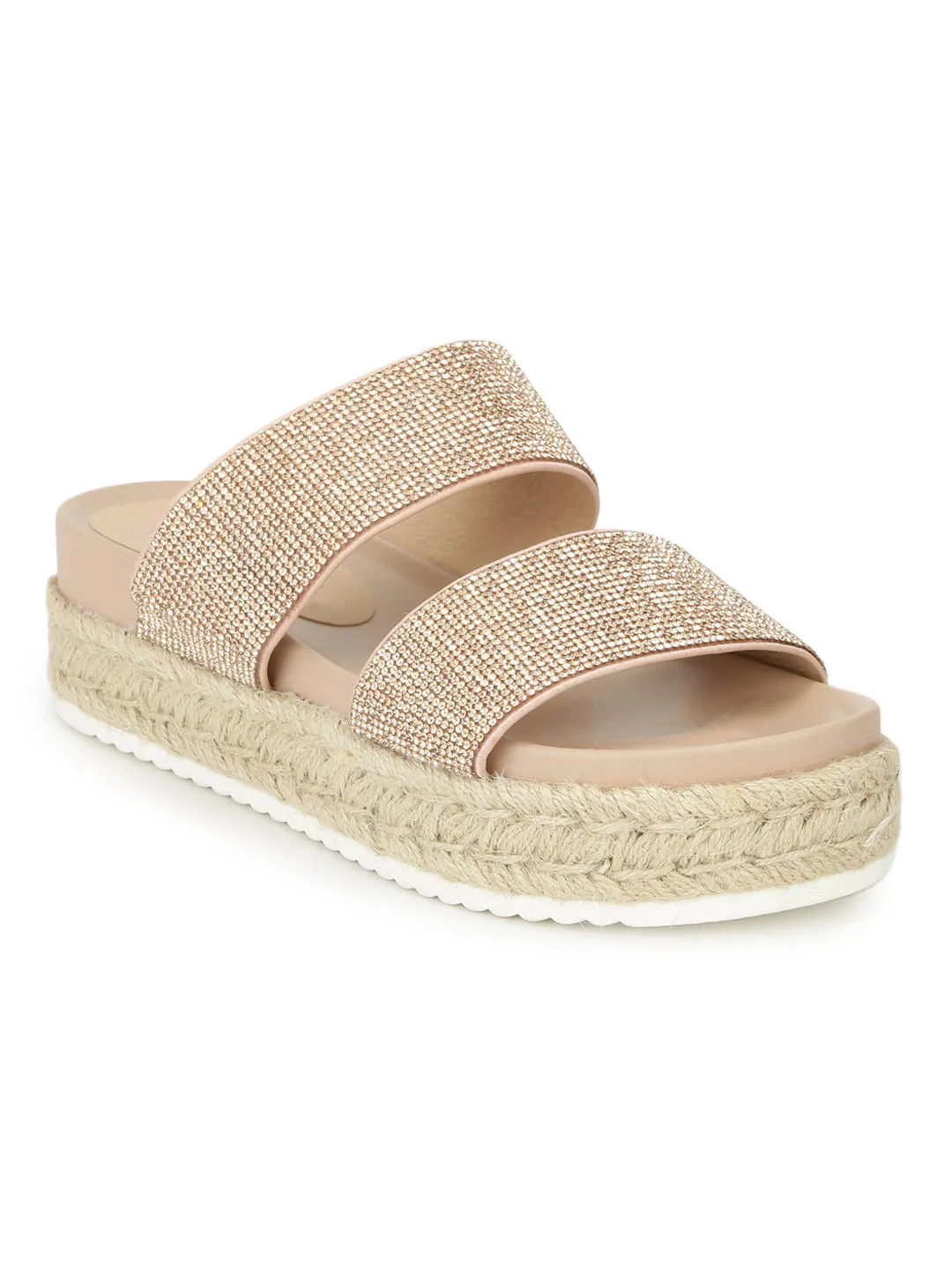 Rose Gold Diamond Wide Double Strap Slip-on Wedges