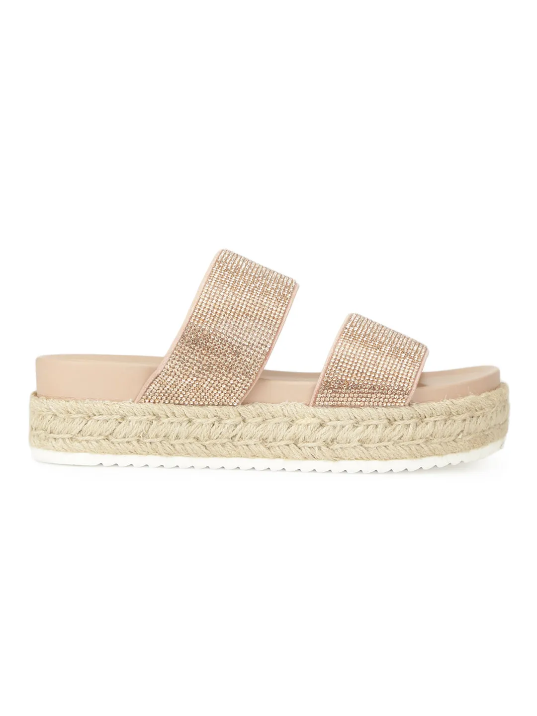 Rose Gold Diamond Wide Double Strap Slip-on Wedges