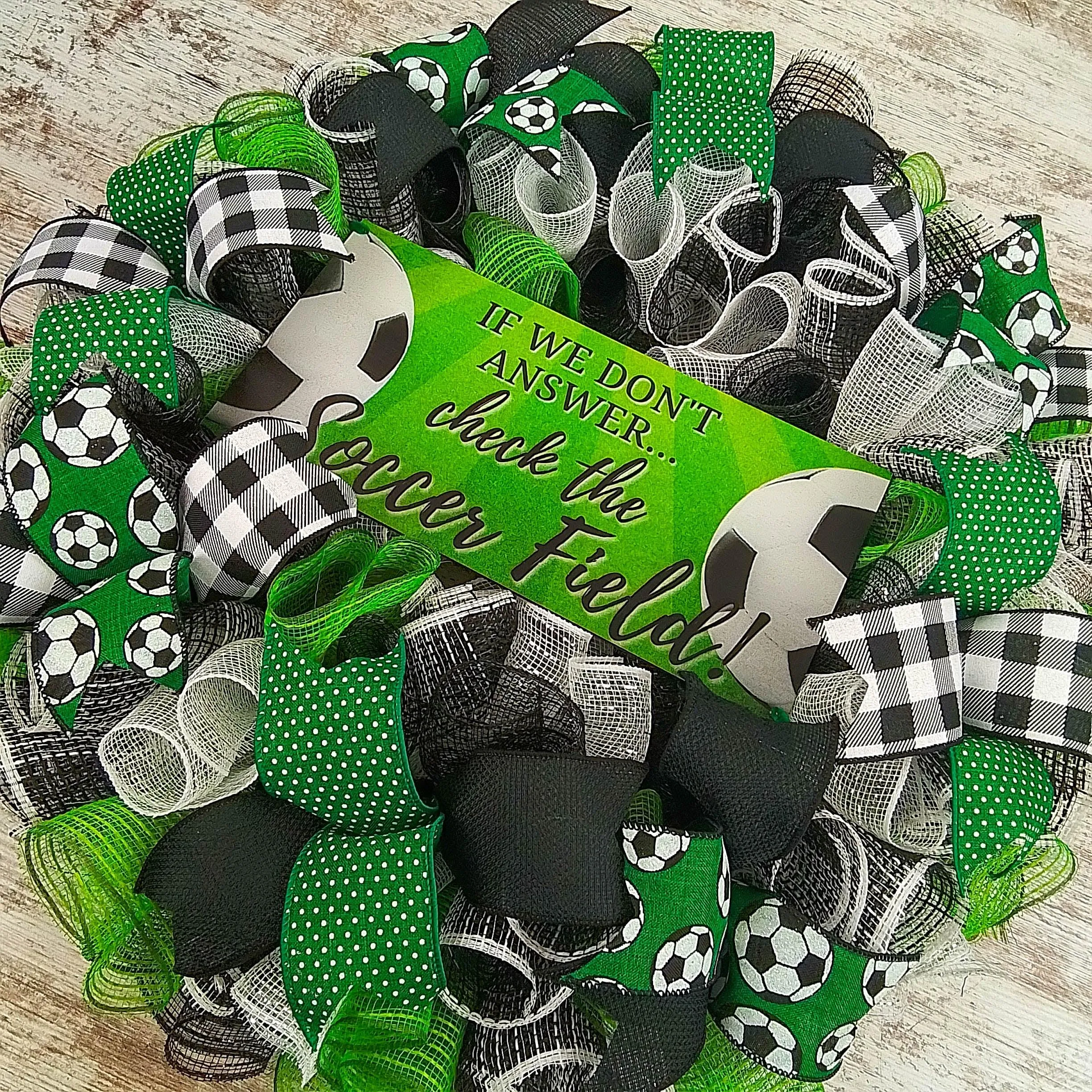 Soccer Ball Sports Mesh Door Wreath; If We Don't Answer Check the Soccer Field | Green Black White