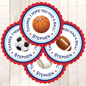 Sports Birthday Party Favor Sticker Labels, Football, Soccer, Basketball, Baseball, Thank You Tags, All Star Birthday Party - Set of 24