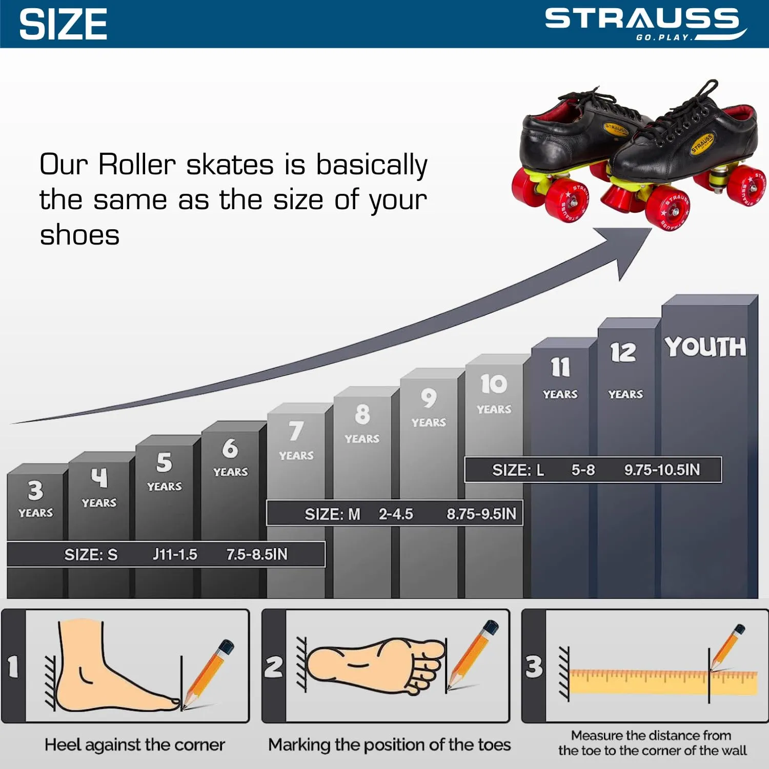 STRAUSS Gripper Skating Shoes | Fixed Body Roller Skates | Shoe Skate with PVC Wheel |Ideal for Boys, Girls and Kids |Suitable for All Skill Level | Ideal for Junior (13-14 Years) Size-6, (Red/Black)