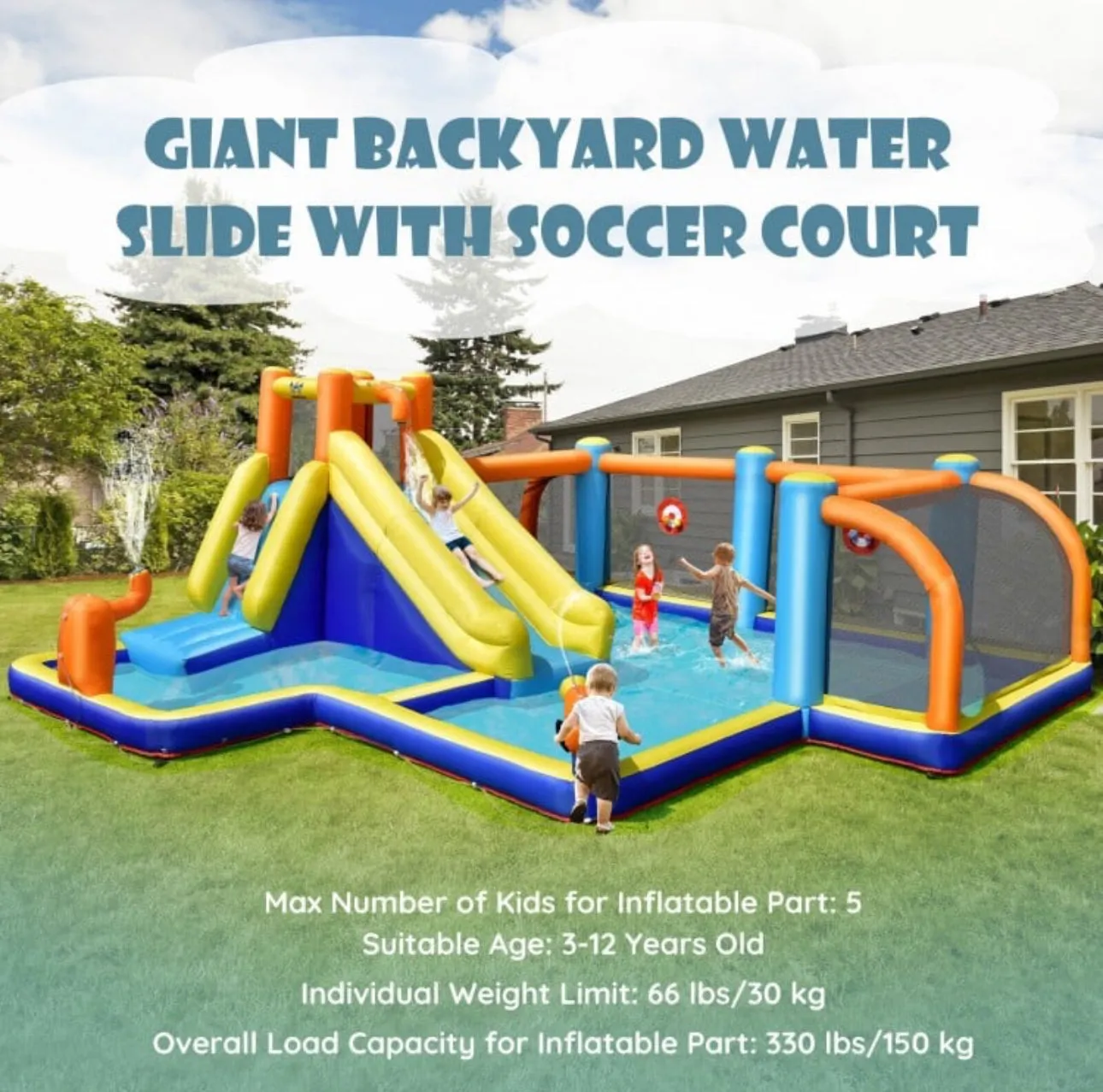 Super Fun Massive Inflatable Soccer Theme Bouncy Park Water Slide,Climbing,735W Blower,Soccer Ball,Carry Bag,Hose,Balls,Repair Kit,Water Cannon,