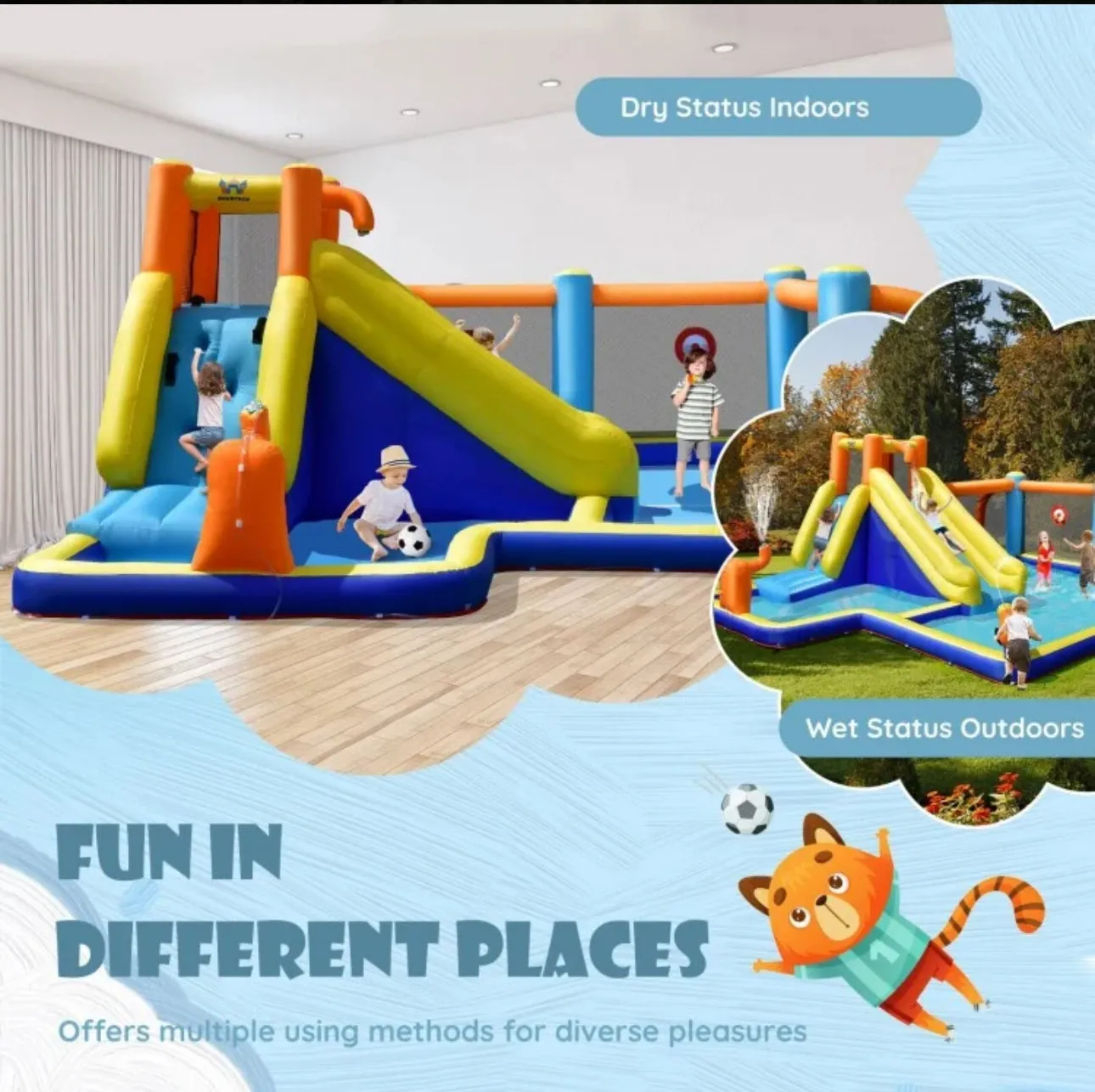 Super Fun Massive Inflatable Soccer Theme Bouncy Park Water Slide,Climbing,735W Blower,Soccer Ball,Carry Bag,Hose,Balls,Repair Kit,Water Cannon,