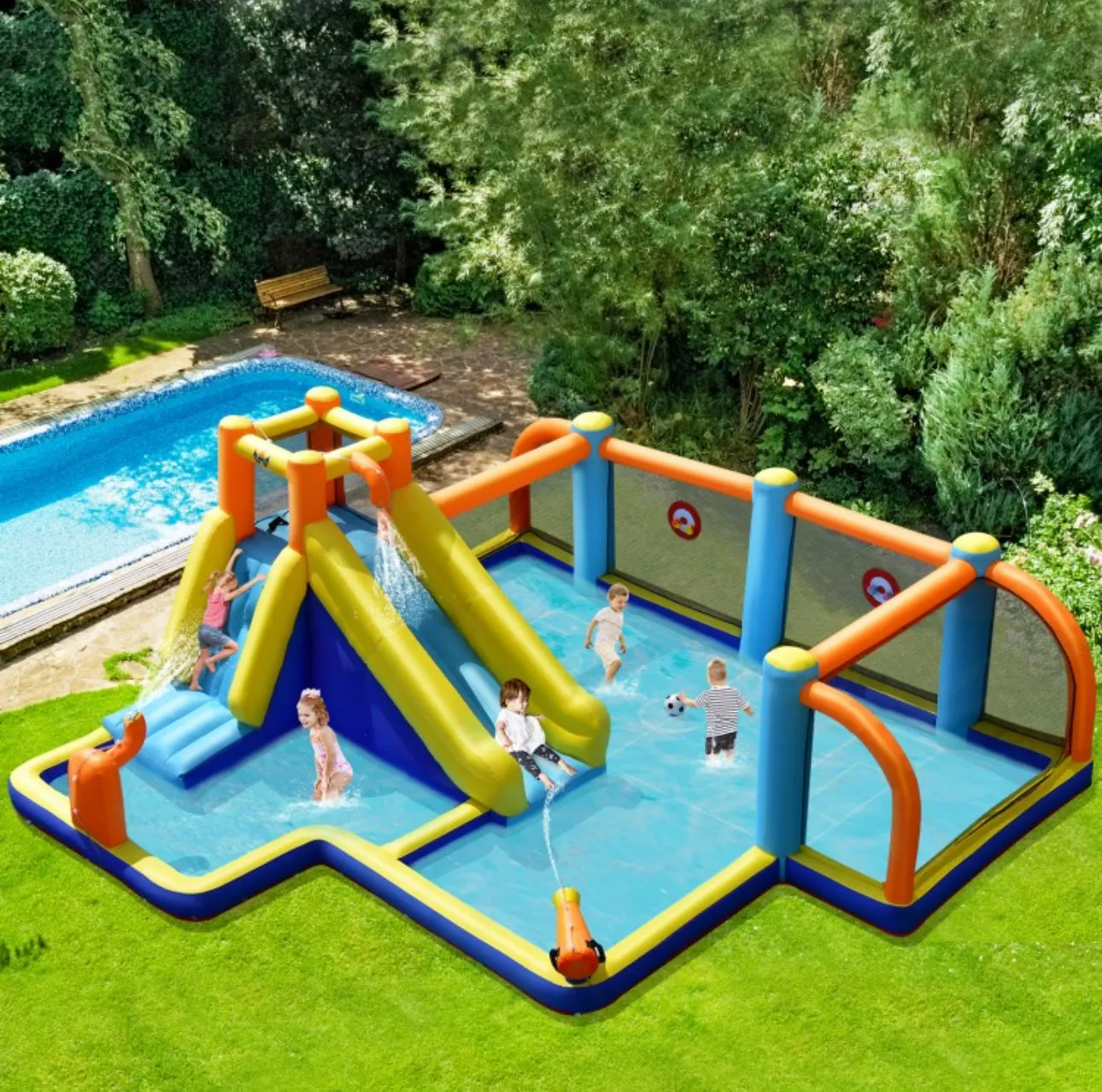 Super Fun Massive Inflatable Soccer Theme Bouncy Park Water Slide,Climbing,735W Blower,Soccer Ball,Carry Bag,Hose,Balls,Repair Kit,Water Cannon,