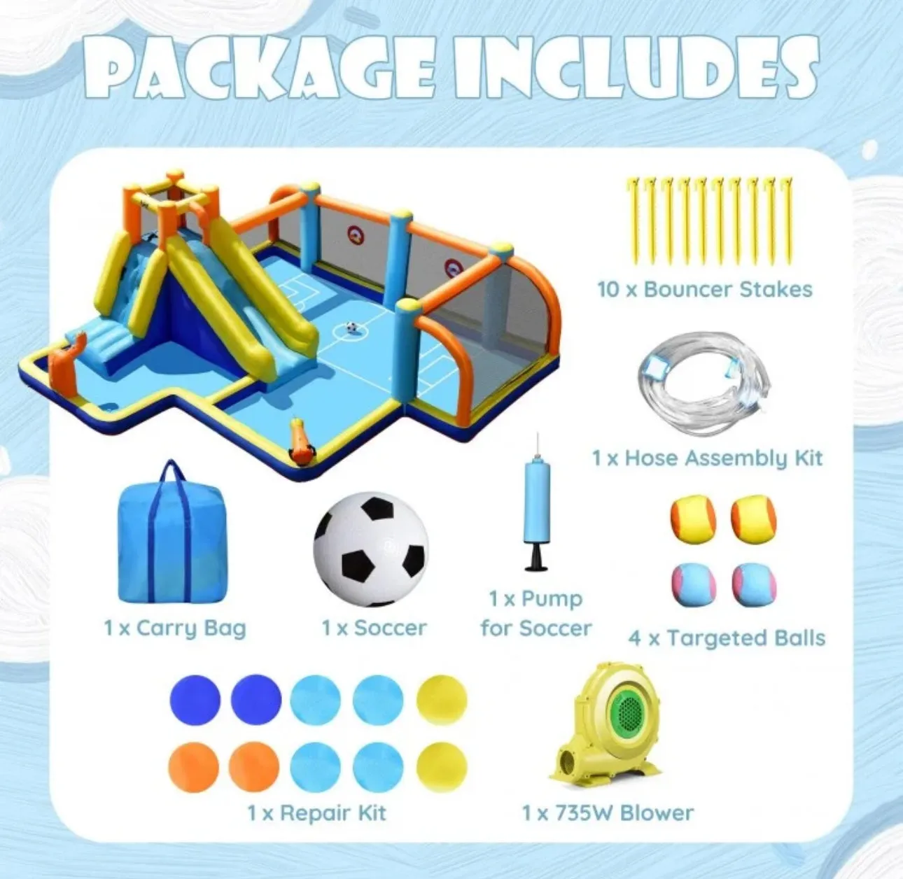 Super Fun Massive Inflatable Soccer Theme Bouncy Park Water Slide,Climbing,735W Blower,Soccer Ball,Carry Bag,Hose,Balls,Repair Kit,Water Cannon,