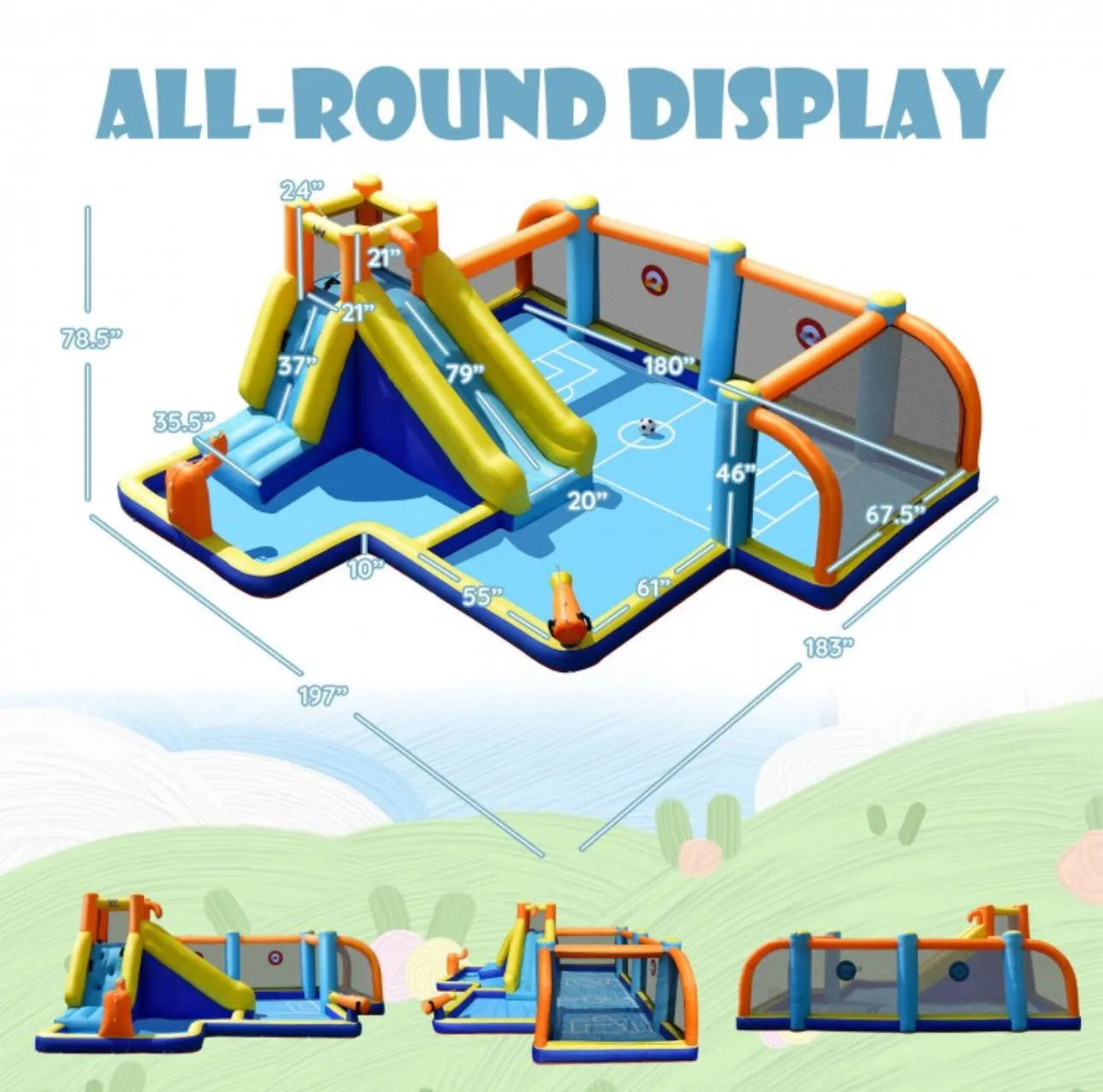 Super Fun Massive Inflatable Soccer Theme Bouncy Park Water Slide,Climbing,735W Blower,Soccer Ball,Carry Bag,Hose,Balls,Repair Kit,Water Cannon,